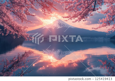 春天的富士山與盛開的櫻花的日本風景（櫻花、春天盛開、盛開的櫻花、鏡富士） 125419413