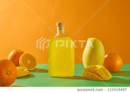 Photo of fresh tropical fruits placed around a glass pitcher of pure juice. Fresh orange cut in half to reveal juicy segments, ripe mango standing upright. Bright orange background, fruits concept.  125419497