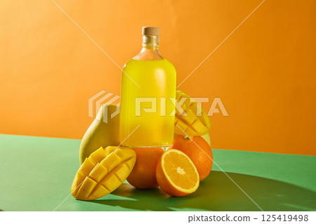 Tropical fruits such as mangoes and fresh oranges are cut in half and stacked on top of each other, forming a pedestal for the products. Glass bottles containing juice are placed on the fruits. 125419498