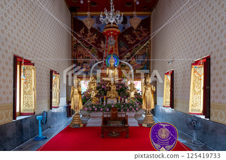 Nonthaburi, Thailand, March 15, 2025, Inside Wat Chimphli Sutthawat showcasing ornate decorations and golden statues in a serene atmosphere 125419733