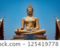 Singburi, Thailand, March 23, 2025, Buddha statue at Wat Phikun Thong showcases serenity and spirituality in a bright sky 125419778