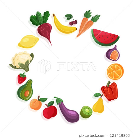 Fruit and vegetable wreath illustration, isolated on white 125419803