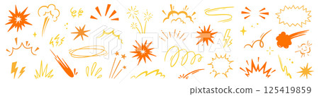 Line speed cartoon effect, boom explosive motion line element set. Comic boom burst, explosive smoke, line speed cartoon vector icon. Hand drawn sketch doodle action effect. Vector 125419859
