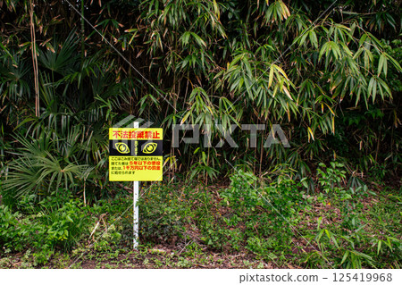 A signboard to prevent illegal dumping at the entrance to the forest 125419968