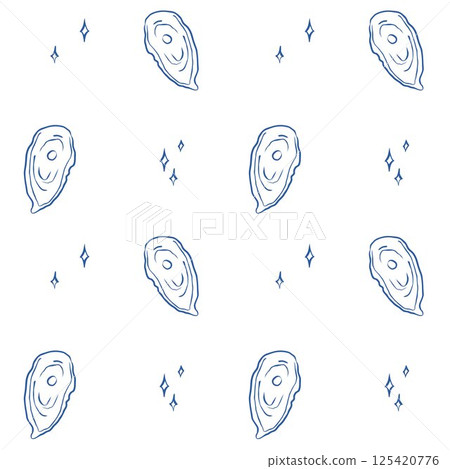 Oyster seamless pattern with hand drawn blue contour and spark details on white background 125420776