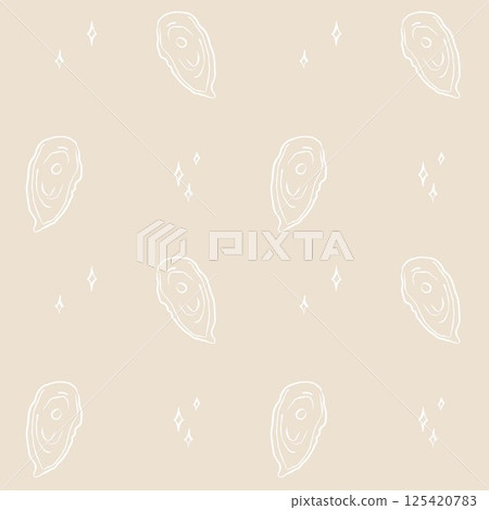 Oyster seamless pattern with hand drawn white contour and spark details on tan beige background Oyster seamless pattern with hand drawn white contour and spark details on tan beige background 125420783