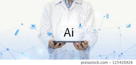 A scientist in a white lab coat hold tablet computer surrounded by digital representations of artificial intelligence, health, and biotechnology symbol. The setting is bright and futuristic. A scientist in a white lab coat hold tablet computer surrounded by digital representations of artificial intelligence, health, and biotechnology symbol. The setting is bright and futuristic. 125420926