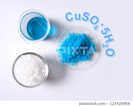Copper(II) sulfate in Chemical Watch Glass with chemical formula. Chemical ingredient used in medical and public health issues. Copper(II) sulfate in Chemical Watch Glass with chemical formula. Chemical ingredient used in medical and public health issues. 125420968