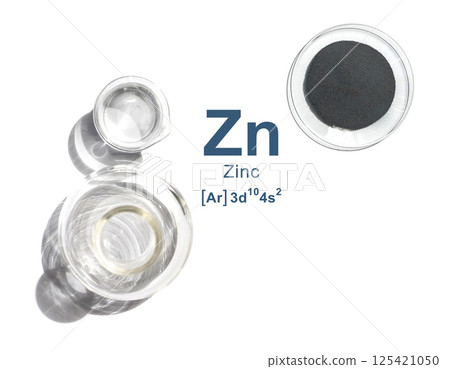 Close up chemical ingredient on white laboratory table. Zinc Powder in Chemical Watch Glass with Symbol, Name and Electron Configuration. 125421050