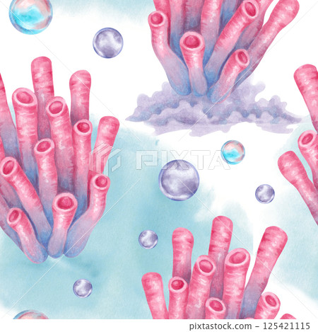 Tubular coral with water bubbles on blue spot. Seamless pattern. Watercolor illustrations. Ocean coral reefs, seabed underwater animal. Hand drawn isolated art. Nautical design for fabric, textile Tubular coral with water bubbles on blue spot. Seamless pattern. Watercolor illustrations. Ocean coral reefs, seabed underwater animal. Hand drawn isolated art. Nautical design for fabric, textile 125421115