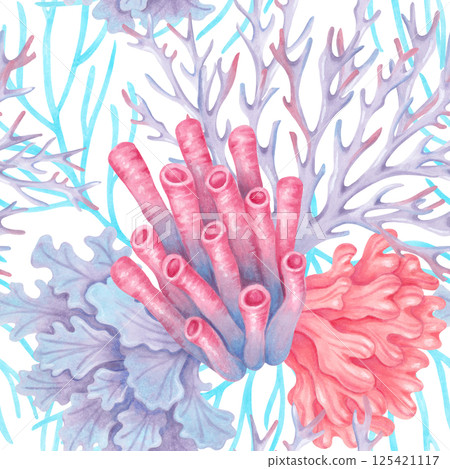 Marine seamless pattern with tubular, branched, lace corals and seaweed. Watercolor illustrations. Ocean coral reefs, underwater animals. Hand drawn isolated background for fabric, textile, packaging 125421117