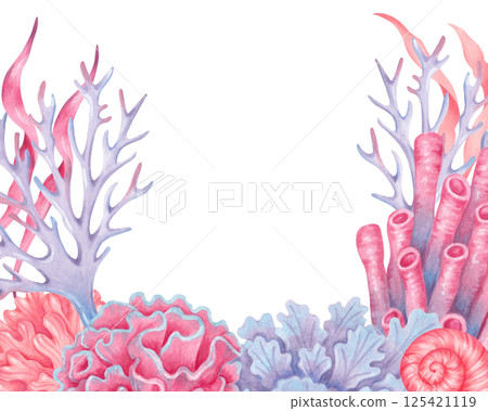 Frame with corals, seaweed and shell. Watercolor illustration. Underwater nature of the seabed. Hand drawn coral reef with space for text. Art for children's design, tourism industry, travel 125421119