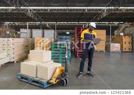 A warehouse worker stand beside a pallet jack loaded with box, focused on using a laptop to manage inventory in a well-organized storage area during the daytime. 125421368