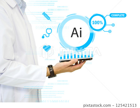 A doctor in a white lab coat holding smartphone surrounded by digital representation of artificial intelligence, health, and research icon. The setting is bright and futuristic. 125421513