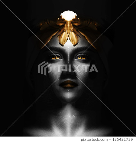 Abstract and futuristic fine art woman portrait in dark background 125421739