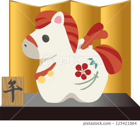 2026新年賀卡2026年泥鈴十二生肖馬馬年可愛日式新年裝飾插畫素材 125421864