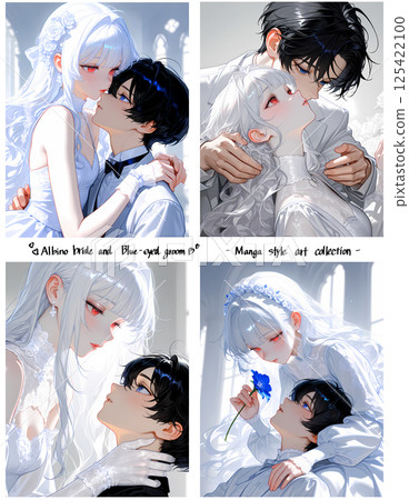 純潔性感的新娘和新郎。一位白化病女孩和一位藍眼睛年輕男子之間的一場奇幻婚禮。 4 幅漫畫風格的 AI 插圖 純潔性感的新娘和新郎。一位白化病女孩和一位藍眼睛年輕男子之間的一場奇幻婚禮。 4 幅漫畫風格的 AI 插圖 125422100