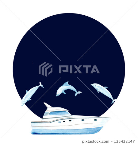 Yacht dolphins watercolor dark round frame isolated on white. Hand painted clip art perfect for cards, banners, advertisements, invitations, maps books. Travel, voyage design. Blue white monochrome Yacht dolphins watercolor dark round frame isolated on white. Hand painted clip art perfect for cards, banners, advertisements, invitations, maps books. Travel, voyage design. Blue white monochrome 125422147