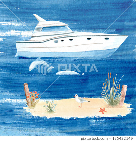 Yacht dolphins island seagull watercolor illustration on blue. Hand painted clip art perfect for cards, banners, advertisements, invitations, guides, maps and books. Voyage design. Sea travel 125422149
