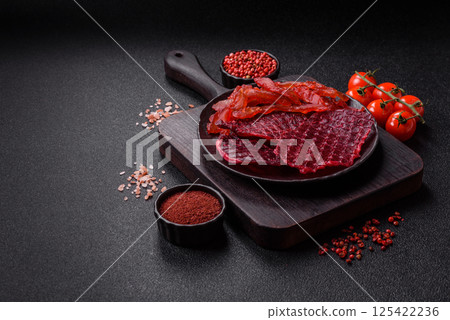 Dried beef slices, jerky, with cherry or plum flavor, salt and spices 125422236