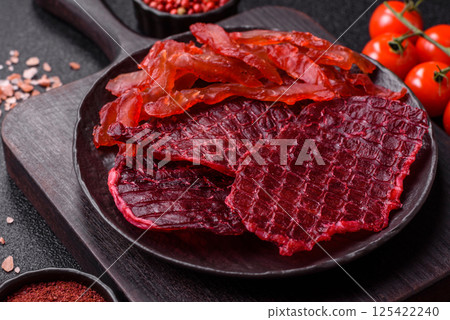 Dried beef slices, jerky, with cherry or plum flavor, salt and spices 125422240