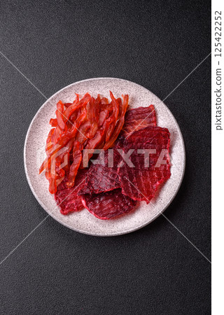 Dried beef slices, jerky, with cherry or plum flavor, salt and spices 125422252