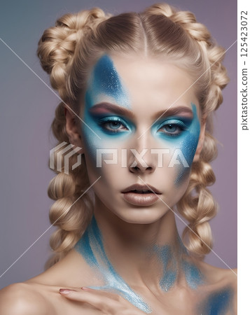 人工智慧創造符合2100年潮流的西方髮型和妝容的女性形象（豎圖） 125423072