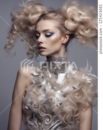 AI creates image of a woman with Western hair and makeup in line with 2100 trends (vertical photo) 125423081