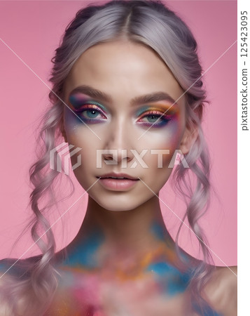 AI creates image of a woman with Western hair and makeup in line with 2100 trends (vertical photo) 125423095