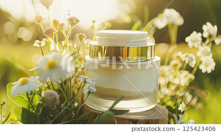Cosmetic cream in a glass jar. Skin care concept. Background for beauty products 125423406