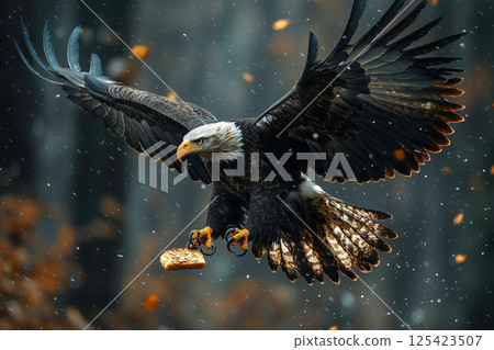 Bald eagle aiming for bread in the air 125423507