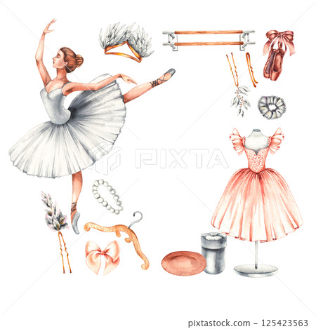 Watercolor ballet with ballerinas and accessories 125423563