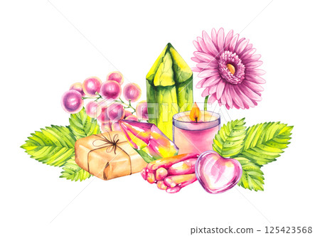 Watercolor illustration colored magical with fruits and crystals Watercolor illustration colored magical with fruits and crystals 125423568