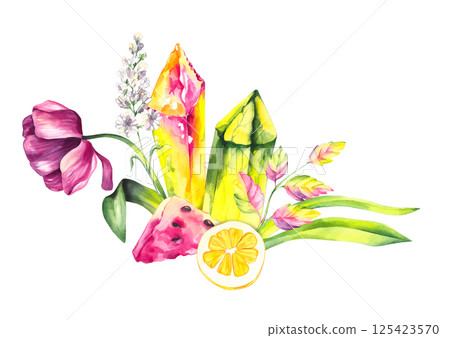 Watercolor illustration colored magical with fruits and crystals 125423570
