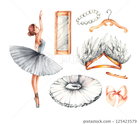 Watercolor ballet with ballerinas and accessories Watercolor ballet with ballerinas and accessories 125423579