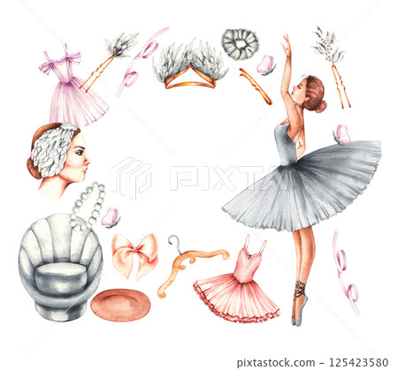 Watercolor ballet with ballerinas and accessories Watercolor ballet with ballerinas and accessories 125423580