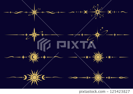 Magic border with stars and moon. Celestial mystic ornament. Astrology tarot golden elements with sun symbol. Vector fantasy divider with spiritual decoration 125423827