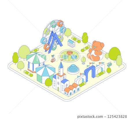 Amusement park isometric illustration. Theme park with attractions such as Ferris wheel and tea cups. 125423828