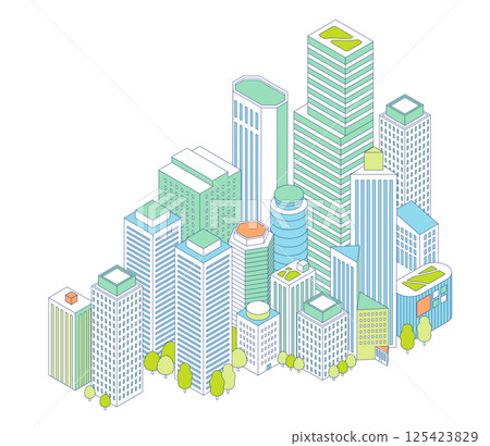 等距城市插圖。摩天大樓林立的城市景觀。辦公大樓和商業大樓。 等距城市插圖。摩天大樓林立的城市景觀。辦公大樓和商業大樓。 125423829