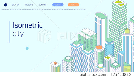 Isometric city illustration. Urban landscape with skyscrapers. Office and commercial buildings. 125423830
