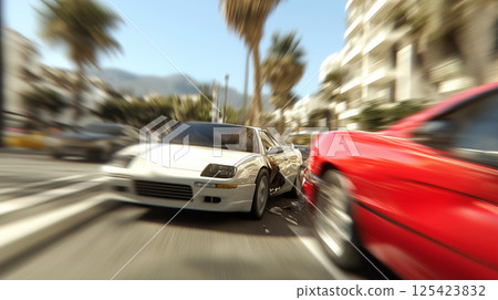 High-speed collision between white and red sports cars on busy street 125423832