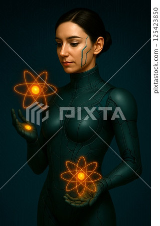 未來派人工智慧女性雙手握住量子能量 125423850