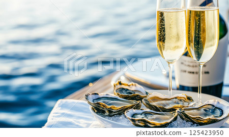 Champagne and oysters by the ocean on a sunny day 125423950