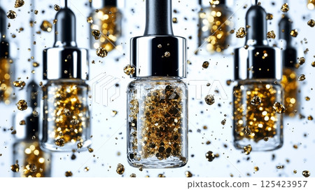 Shimmering gold particles in suspended glass bottles 125423957