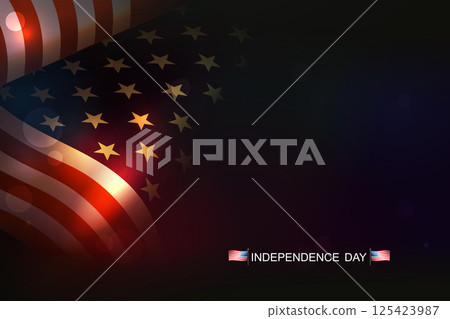 Illustration of a wavy silhouette of an American flag with bright flashes 125423987