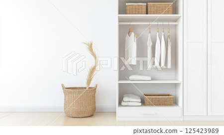 Minimalist white closet with wicker baskets and neutral tones for home organization 125423989