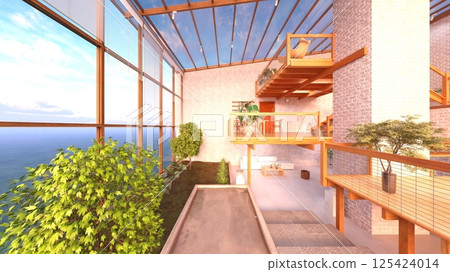 Living room with large windows 125424014