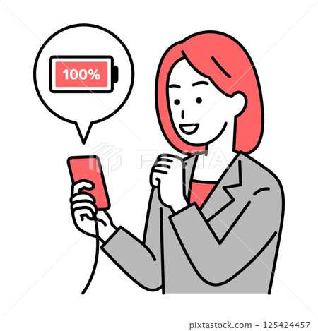A woman in a suit charging her smartphone A woman in a suit charging her smartphone 125424457