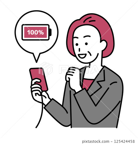 A middle-aged woman in a suit charging her smartphone 125424458