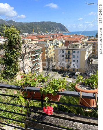 View of town, sea, coast from mountain, Liguria. Italy and nature, traditional buildings. Summer and vacation.  125424646